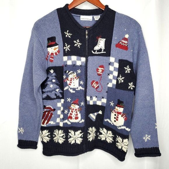 Snowman Cardigan Sweater S Winter Snowflakes Embroidered Holiday Christmas - Picture 1 of 7